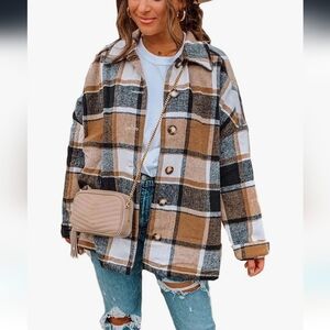 NWOT, Flannel Shacket Plaid Wool Blend Button Down Jacket, Size Small